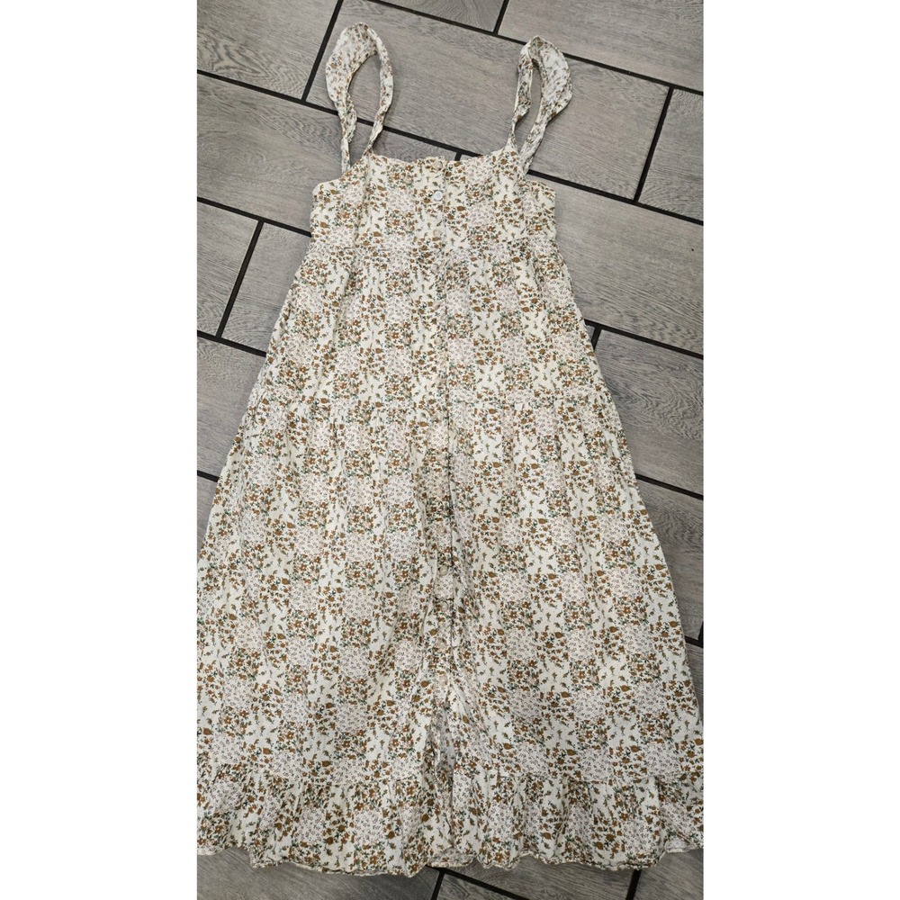 Storia Floral Midi Dress Small Cottagecore Button Front Tiered Ruffle Cream Tan